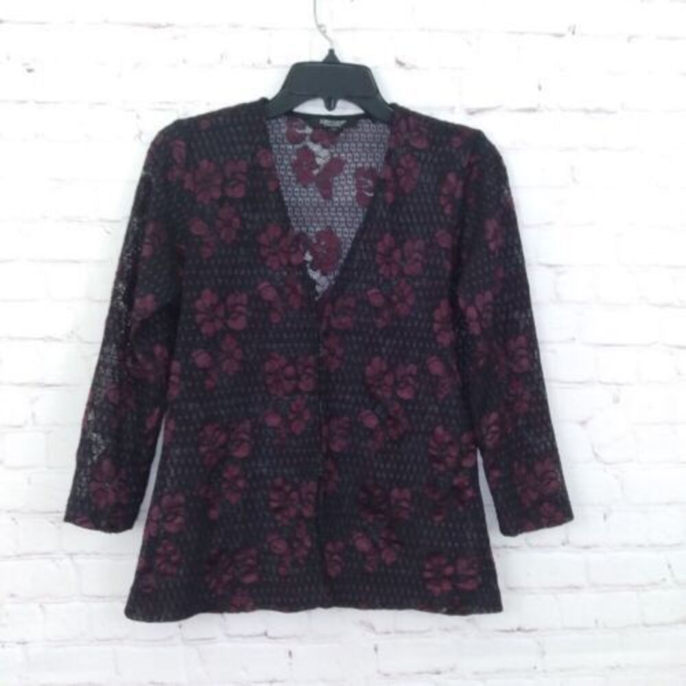 Karen Kane Top Womens Medium Black Floral Lace V Neck 3/4 Sleeve Cottage Vtg 90s